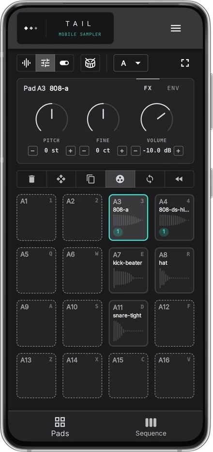 TAIL on a phone with a drum kit loaded across its pads